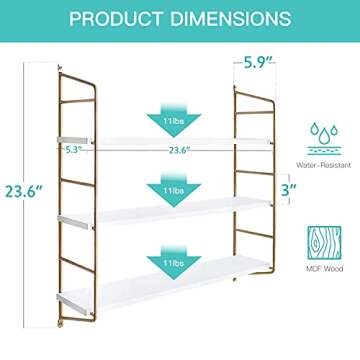 BOLUO Gold Wall Shelf Bathroom Shelves - Bedroom Kitchen Living Room Modern Book Shelf Floating Shelves 24 inch (610-G)