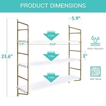 BOLUO Gold Wall Shelf Bathroom Shelves - Bedroom Kitchen Living Room Modern Book Shelf Floating Shelves 24 inch (610-G)