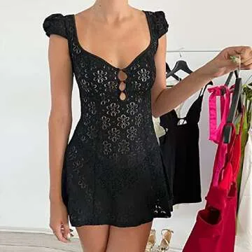 Women Lace Short Bodycon Dresses Vintage Ruffle A-Line Mini Dress Elegant Backless White Sundress Y2K Clubwear