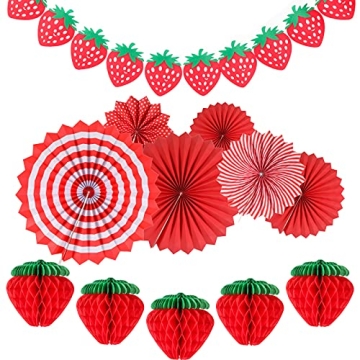 Outus 12 Pcs Strawberry Birthday Party Decorations Supplies Include 5 Strawberry Honeycomb Balls 1 S...