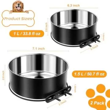 2 Pack Dog Crate Water Bowl No Spill, Black Dog Crate Bowls Hanging, Stainless Steel Dog Crate Water Food Bowls for Kennel Cage, Mountable Metal Crate Bowls for Dog Cat Puppy Bunny Birds (50oz+33oz)