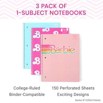 Yoobi Barbie X College Ruled Spiral Notebook Set – 3-Pack of 1 Subject Notebooks, Pink, Blue & Pea...