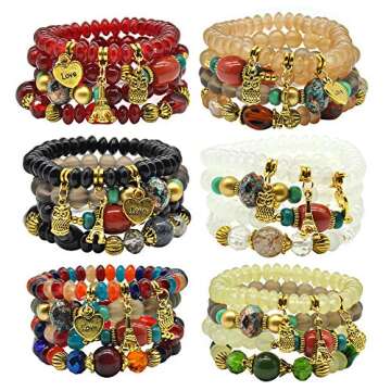 Bohemian Bracelet Sets for Women - 6 Stackable Stretch Bracelets Multi-color Boho Jewelry Hippie Dai...