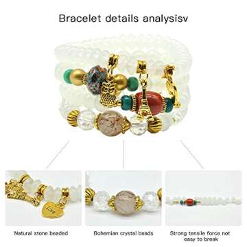 Bohemian Bracelet Sets for Women - 6 Stackable Stretch Bracelets Multi-color Boho Jewelry Hippie Dainty Best Friend Gift (Owl charm stretch bracelet set)