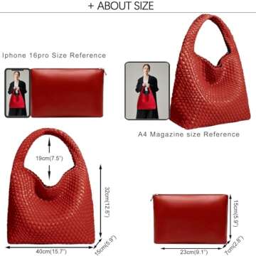 Women Vegan Leather Hand-Woven Tote Handbag Fashion Shoulder Top-handle Bag All-Match Underarm Bag with Purse (Red)