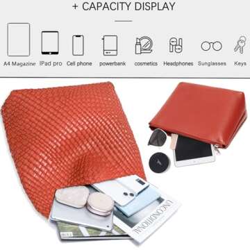 Women Vegan Leather Hand-Woven Tote Handbag Fashion Shoulder Top-handle Bag All-Match Underarm Bag with Purse (Red)