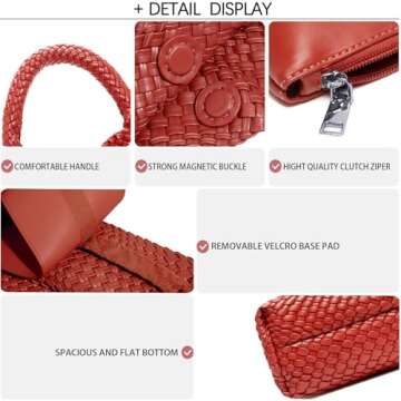 Women Vegan Leather Hand-Woven Tote Handbag Fashion Shoulder Top-handle Bag All-Match Underarm Bag with Purse (Red)