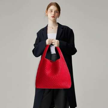 Women Vegan Leather Hand-Woven Tote Handbag Fashion Shoulder Top-handle Bag All-Match Underarm Bag with Purse (Red)