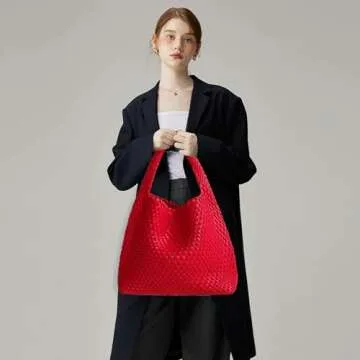 Women Vegan Leather Hand-Woven Tote Handbag Fashion Shoulder Top-handle Bag All-Match Underarm Bag with Purse (Red)