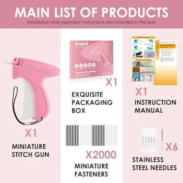 Stitch Gun for Clothes - Handheld Stitch Tag Gun Quick Clothing Fixer - Tagging Gun - Sewing Kit Includes 6 Needle, 1000 Black Fasteners & 1000 White Fasteners (Pink)