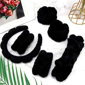 AOPRIE SPA Headbands for Washing Face Makeup Headbands with Bow Hair Band Women Facial Head Band Wrist Towel Wraps For Shower Face Mask Black, 6 Pack