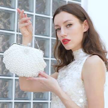 UBORSE Women Pearl Clutch Bag Noble Crystal Beaded Evening Wedding with Chain (Pearl white)