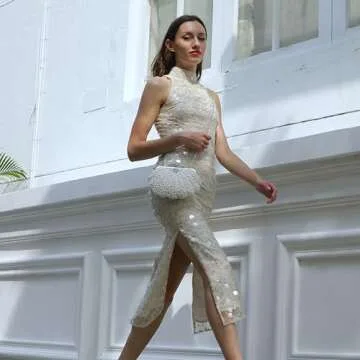 UBORSE Women Pearl Clutch Bag Noble Crystal Beaded Evening Wedding with Chain (Pearl white)