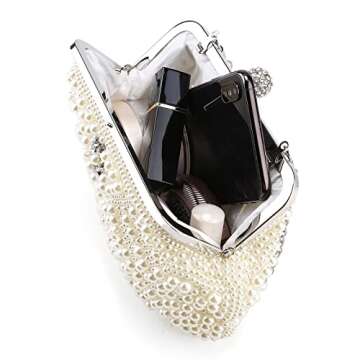 UBORSE Women Pearl Clutch Bag Noble Crystal Beaded Evening Wedding with Chain (Pearl white)