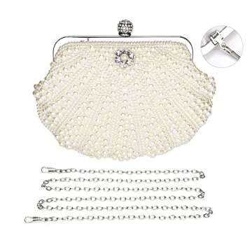 UBORSE Women Pearl Clutch Bag Noble Crystal Beaded Evening Wedding with Chain (Pearl white)