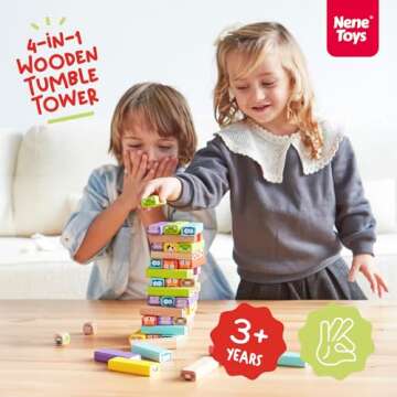 Nene Toys Wooden Tumble Tower Game with Animals & Colors, 4-in-1 Educational Family Board Game for K...
