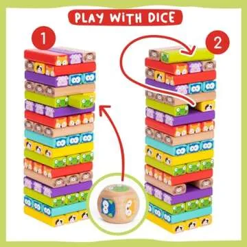 Nene Toys Wooden Tumble Tower Game with Animals & Colors, 4-in-1 Educational Family Board Game for Kids Ages 3-9, Creativity & Cognitive Skills Booster - Gift for Boys Girls 3+ Years
