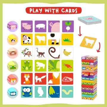 Nene Toys Wooden Tumble Tower Game with Animals & Colors, 4-in-1 Educational Family Board Game for Kids Ages 3-9, Creativity & Cognitive Skills Booster - Gift for Boys Girls 3+ Years