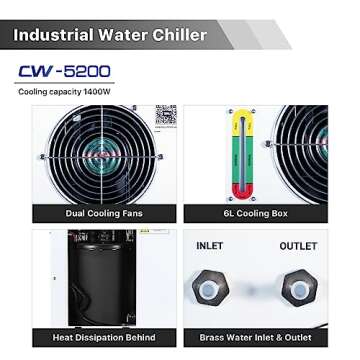 Cloudray Industrial Water Chiller CW-5200DH 6L 0.81HP 3.43gpm Water Cooling System for 60W 70W 80W 90W 100W 120W 130W 150W,CO2 Laser Engraving & Cutting Machines,Cools 5596 Btu/h(Upgraded 5200DG)