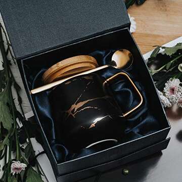 Clapoyis Ceramic Coffee Cup for Valentines, Christmas Porcelain Mug Set Gifts for woman, Mother's Father's Day Presents, Housewarming Birthday Tea Set with Gift Box 13.5oz/400mL (black)
