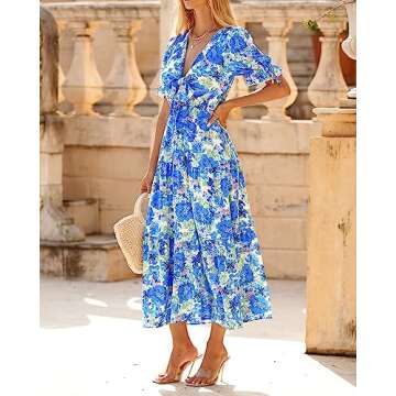 BTFBM 2025 Womens Summer Boho Dress Tie Front Deep V Neck Cutout Short Sleeve Casual Party Floral Be...