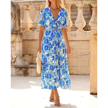 BTFBM 2025 Womens Summer Boho Dress Tie Front Deep V Neck Cutout Short Sleeve Casual Party Floral Beach Maxi Dresses(Big Floral White Blue, Medium)