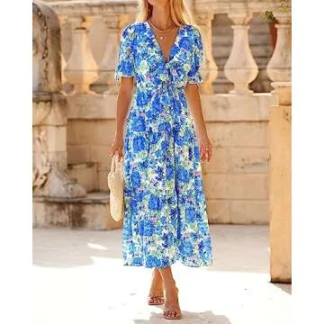 BTFBM 2025 Womens Summer Boho Dress Tie Front Deep V Neck Cutout Short Sleeve Casual Party Floral Beach Maxi Dresses(Big Floral White Blue, Medium)