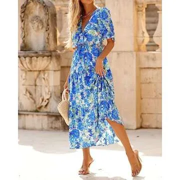 BTFBM 2025 Womens Summer Boho Dress Tie Front Deep V Neck Cutout Short Sleeve Casual Party Floral Beach Maxi Dresses(Big Floral White Blue, Medium)