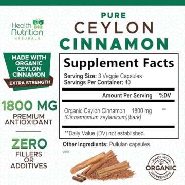 Organic Cinnamon Capsules 1800mg - Pure Ceylon Cinnamon Supplements, Certified Organic, Non-GMO, Glu...