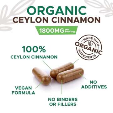 Organic Cinnamon Capsules 1800mg - Pure Ceylon Cinnamon Supplements, Certified Organic, Non-GMO, Gluten Free, Vegan, True Cinnamon Powder, Antioxidant Cinnamon Pills Supplement - 120 Count Capsules