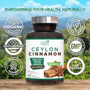 Organic Cinnamon Capsules 1800mg - Pure Ceylon Cinnamon Supplements, Certified Organic, Non-GMO, Gluten Free, Vegan, True Cinnamon Powder, Antioxidant Cinnamon Pills Supplement - 120 Count Capsules