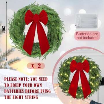 Daifunli 2 Pack 20 Inch Light Up Christmas Norfolk Pine Wreaths with Red Bows Artificial Real Touch ...