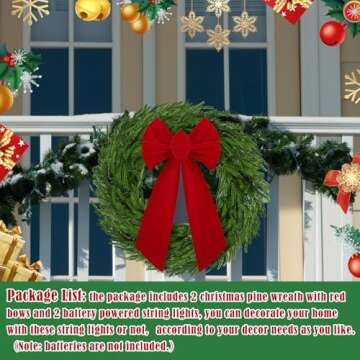 Daifunli 2 Pack 20 Inch Light Up Christmas Norfolk Pine Wreaths with Red Bows Artificial Real Touch Green Pine Wreath with Pre-Lit LED Light for Front Door Wall Mantle Outdoor Xmas Windows Porch Decor