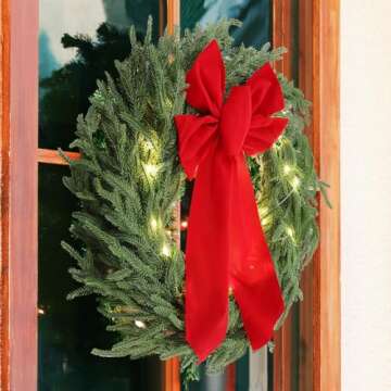 Daifunli 2 Pack 20 Inch Light Up Christmas Norfolk Pine Wreaths with Red Bows Artificial Real Touch Green Pine Wreath with Pre-Lit LED Light for Front Door Wall Mantle Outdoor Xmas Windows Porch Decor
