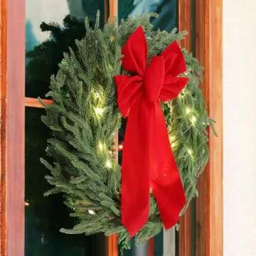 Daifunli 2 Pack 20 Inch Light Up Christmas Norfolk Pine Wreaths with Red Bows Artificial Real Touch Green Pine Wreath with Pre-Lit LED Light for Front Door Wall Mantle Outdoor Xmas Windows Porch Decor