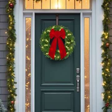 Daifunli 2 Pack 20 Inch Light Up Christmas Norfolk Pine Wreaths with Red Bows Artificial Real Touch Green Pine Wreath with Pre-Lit LED Light for Front Door Wall Mantle Outdoor Xmas Windows Porch Decor