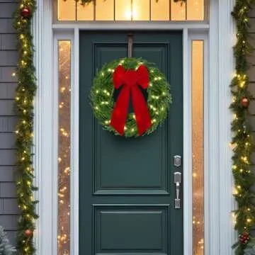 Daifunli 2 Pack 20 Inch Light Up Christmas Norfolk Pine Wreaths with Red Bows Artificial Real Touch Green Pine Wreath with Pre-Lit LED Light for Front Door Wall Mantle Outdoor Xmas Windows Porch Decor