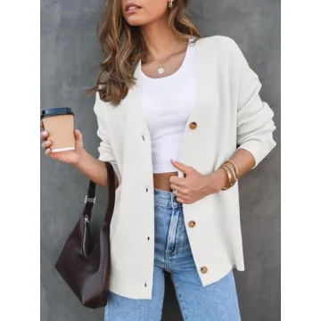 LILLUSORY Women Oversized Cardigan Sweater Fall Outfits Cloth Fashion V Neck Knit Button Front Casual Trendy Tops White Medium