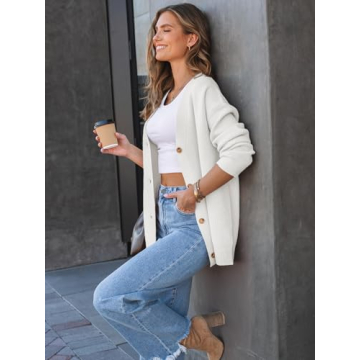 LILLUSORY Women Oversized Cardigan Sweater Fall Outfits Cloth Fashion V Neck Knit Button Front Casual Trendy Tops White Medium