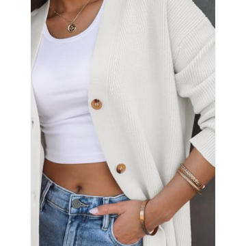 LILLUSORY Women Oversized Cardigan Sweater Fall Outfits Cloth Fashion V Neck Knit Button Front Casual Trendy Tops White Medium