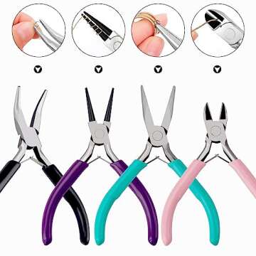 4 Pack Jewelry Pliers Jewelry Making Pliers Tools Kit with Needle Nose Pliers/Chain Nose Pliers, Round Nose Pliers, Bent Nose Pliers, Wire Cutters for Wire Wrapping Earring Craft Making Supplies