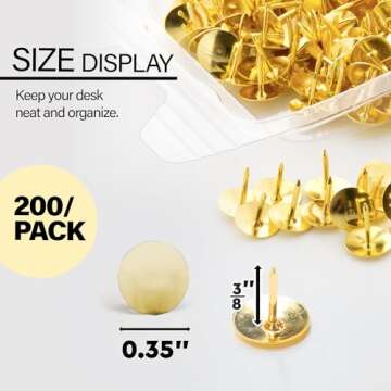 BAZIC 229 Gold Thumb Tacks. 200 Push Pins for Crafts and Office Organization