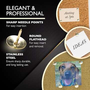 BAZIC 229 Gold Thumb Tacks. 200 Push Pins for Crafts and Office Organization