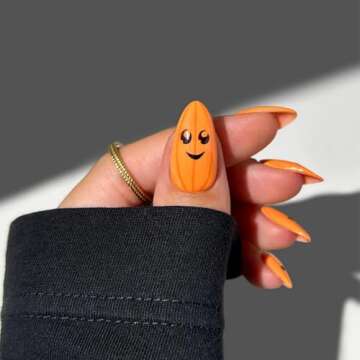 Halloween Pumpkin Press on Nails Medium Acrylic Almond Shaped Fake Nails Yellow Glossy False Nails D...