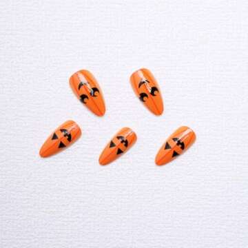 Halloween Pumpkin Press on Nails Medium Acrylic Almond Shaped Fake Nails Yellow Glossy False Nails Design Fall Full Cover Glue on Nails Halloween Cute Artificial Nails for Women Nail Art 24 Pcs