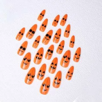 Halloween Pumpkin Press on Nails Medium Acrylic Almond Shaped Fake Nails Yellow Glossy False Nails Design Fall Full Cover Glue on Nails Halloween Cute Artificial Nails for Women Nail Art 24 Pcs