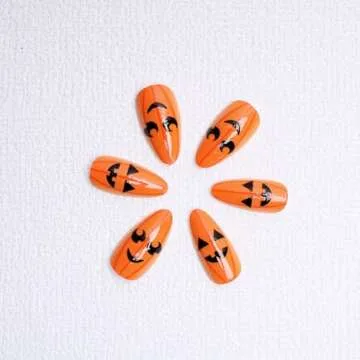 Halloween Pumpkin Press on Nails Medium Acrylic Almond Shaped Fake Nails Yellow Glossy False Nails Design Fall Full Cover Glue on Nails Halloween Cute Artificial Nails for Women Nail Art 24 Pcs