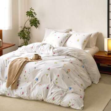 Wake In Cloud - Floral Comforter Set, Cottagecore Cute Aesthetic Watercolor Tiny Flowers and Leaves,...