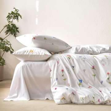 Wake In Cloud - Floral Comforter Set, Cottagecore Cute Aesthetic Watercolor Tiny Flowers and Leaves, Soft Lightweight Bedding for Women Teen Girls, 3 Pieces, White Multicolor, Queen Size