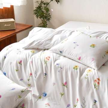 Wake In Cloud - Floral Comforter Set, Cottagecore Cute Aesthetic Watercolor Tiny Flowers and Leaves, Soft Lightweight Bedding for Women Teen Girls, 3 Pieces, White Multicolor, Queen Size